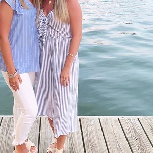 White/Blue Striped Jumpsuit, Size Small